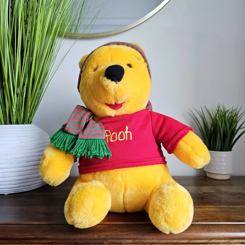 Vintage Disney Winnie the Pooh Plush 14” Mattel Arcotoys Holiday Scarf Red Shirt
